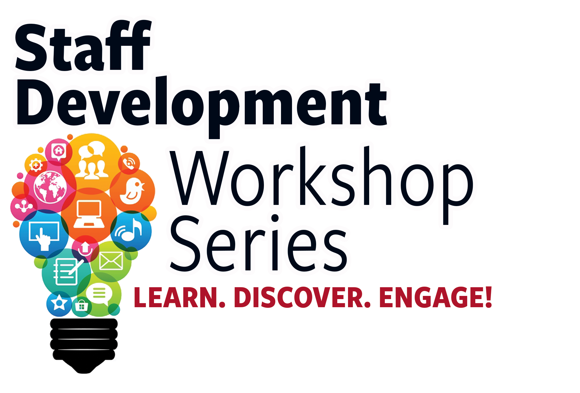 staff development workshop series: learn, something, engage; colorful icons in shape of a lightbulb