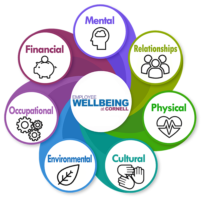 multicolored circular diagram "Employee Wellbeing at Cornell" incorporating icons for mental, relationships, physical, cultural, environmental, occupational, financial.