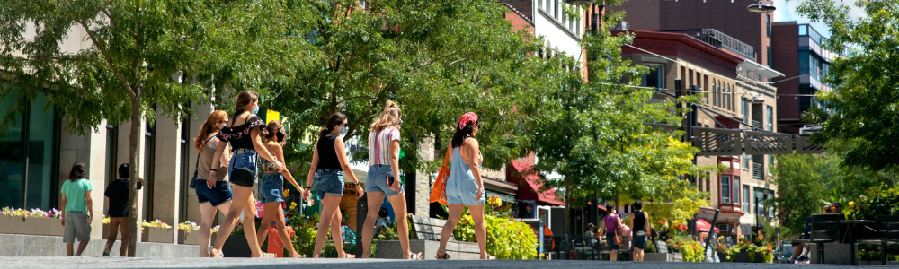 people strolling Ithaca Commons on sunny summer day