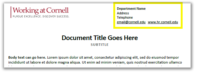 top of document showing where contact/ownership info should go in upper right corner