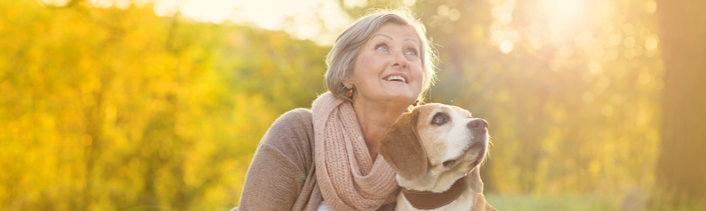 senior woman outdoors with her cute dog in golden autumn light