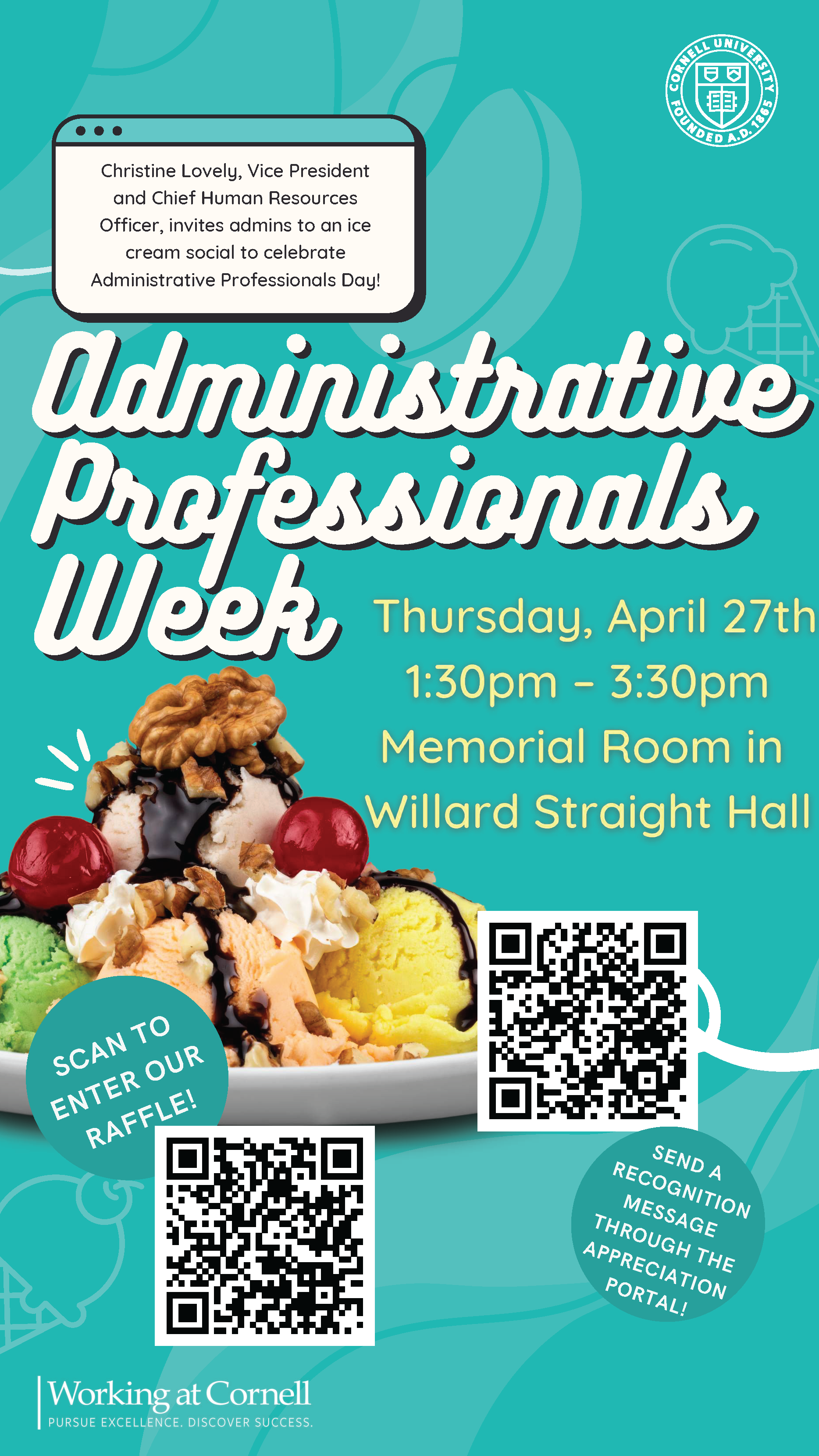 Administrative Professionals Day flyer with details about ice cream social; content in webpage