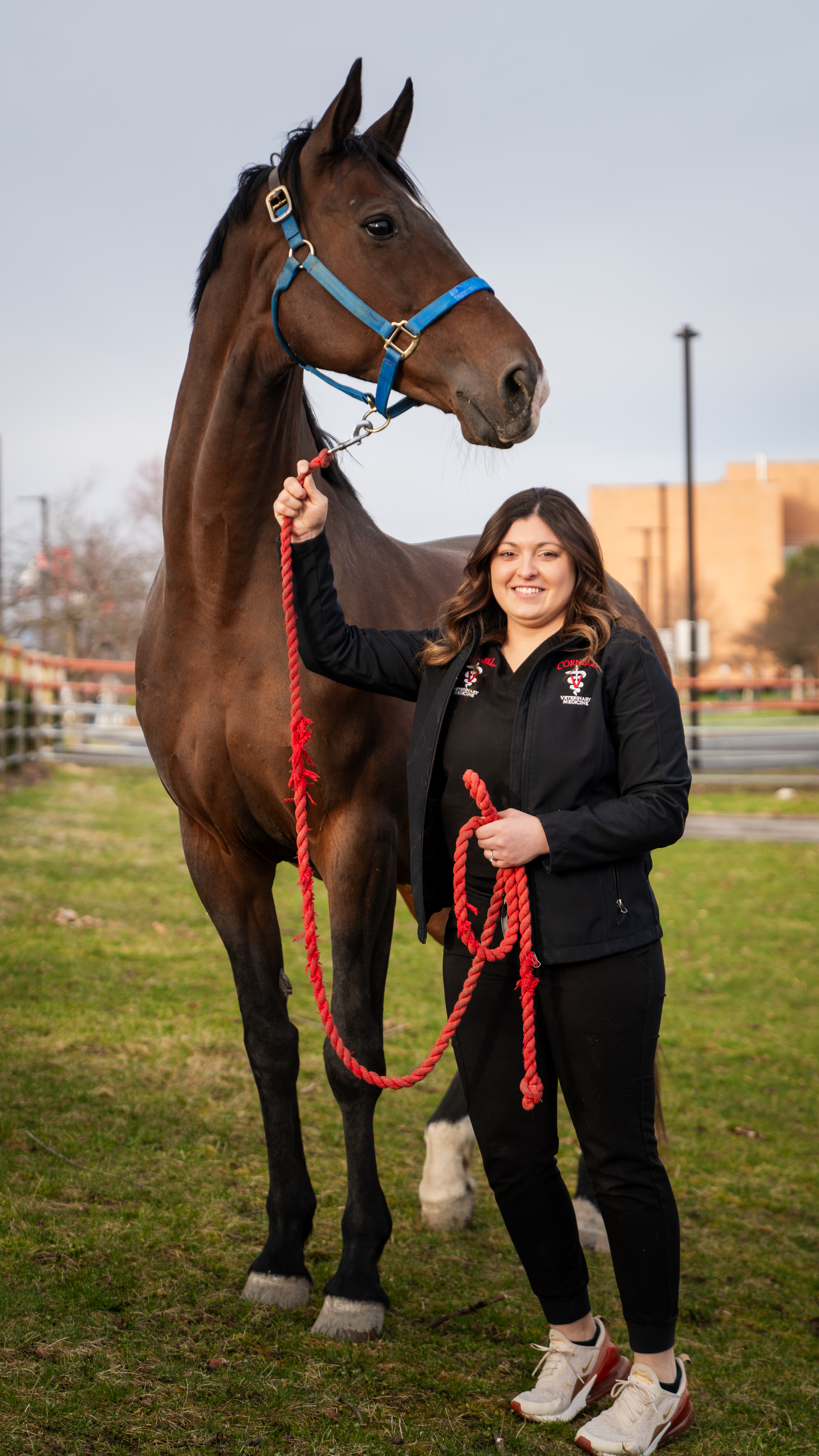 Mikaela with tall horse posing outdoors