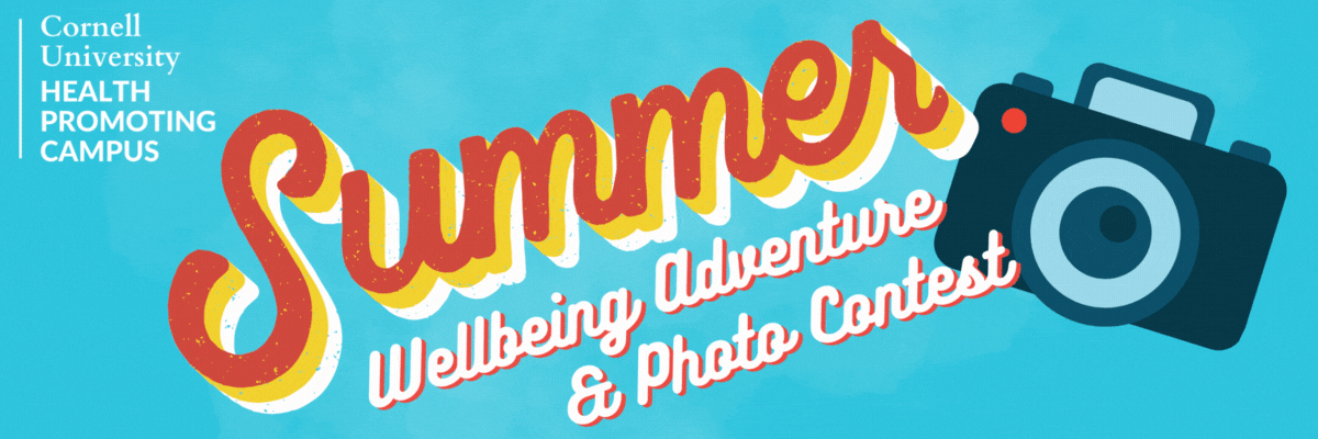 summer wellbeing adventure & photo contest, bright colors, animated camera