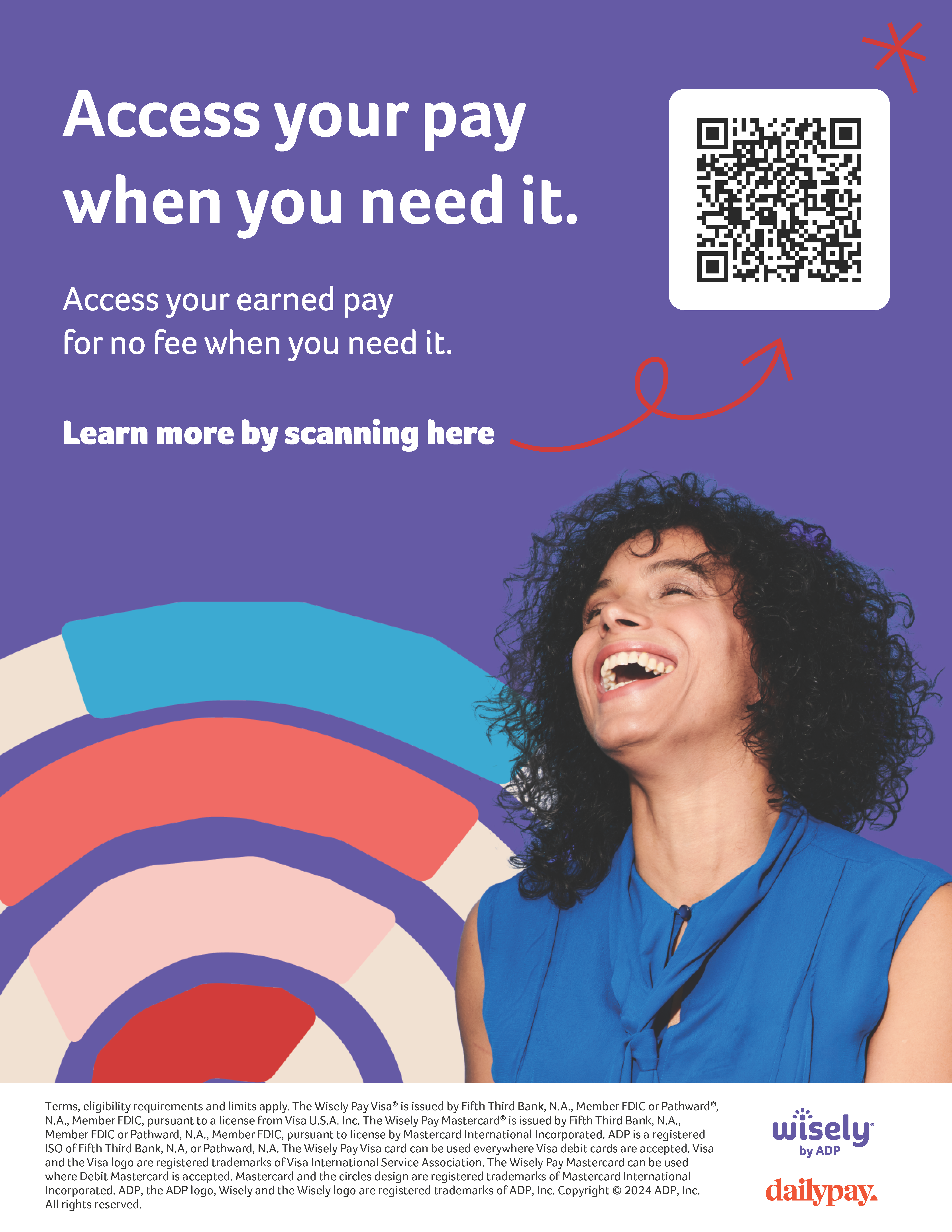 daily pay flyer; "access your pay when you need it." photo of happy woman.