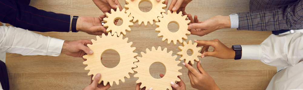 photo of a circle of hands holding interlinked cogs