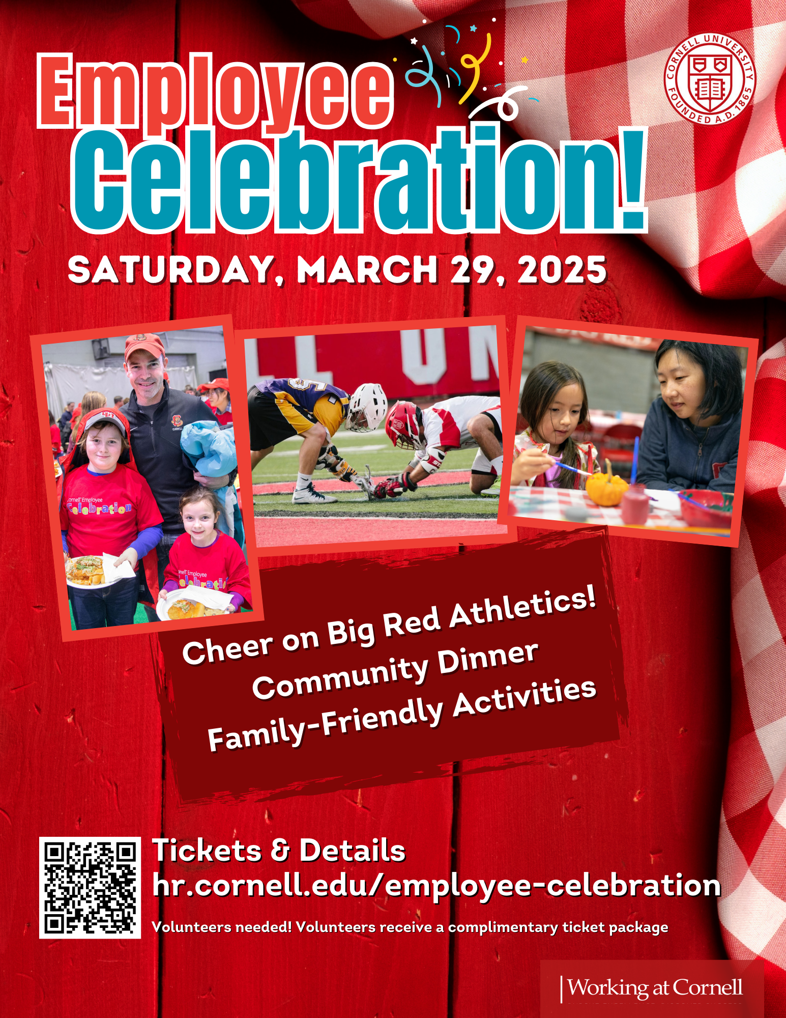 Employee Celebration flyer (content on webpage); bright red wood background with gingham tablecloth and photos of families enjoying activities and lacrosse players