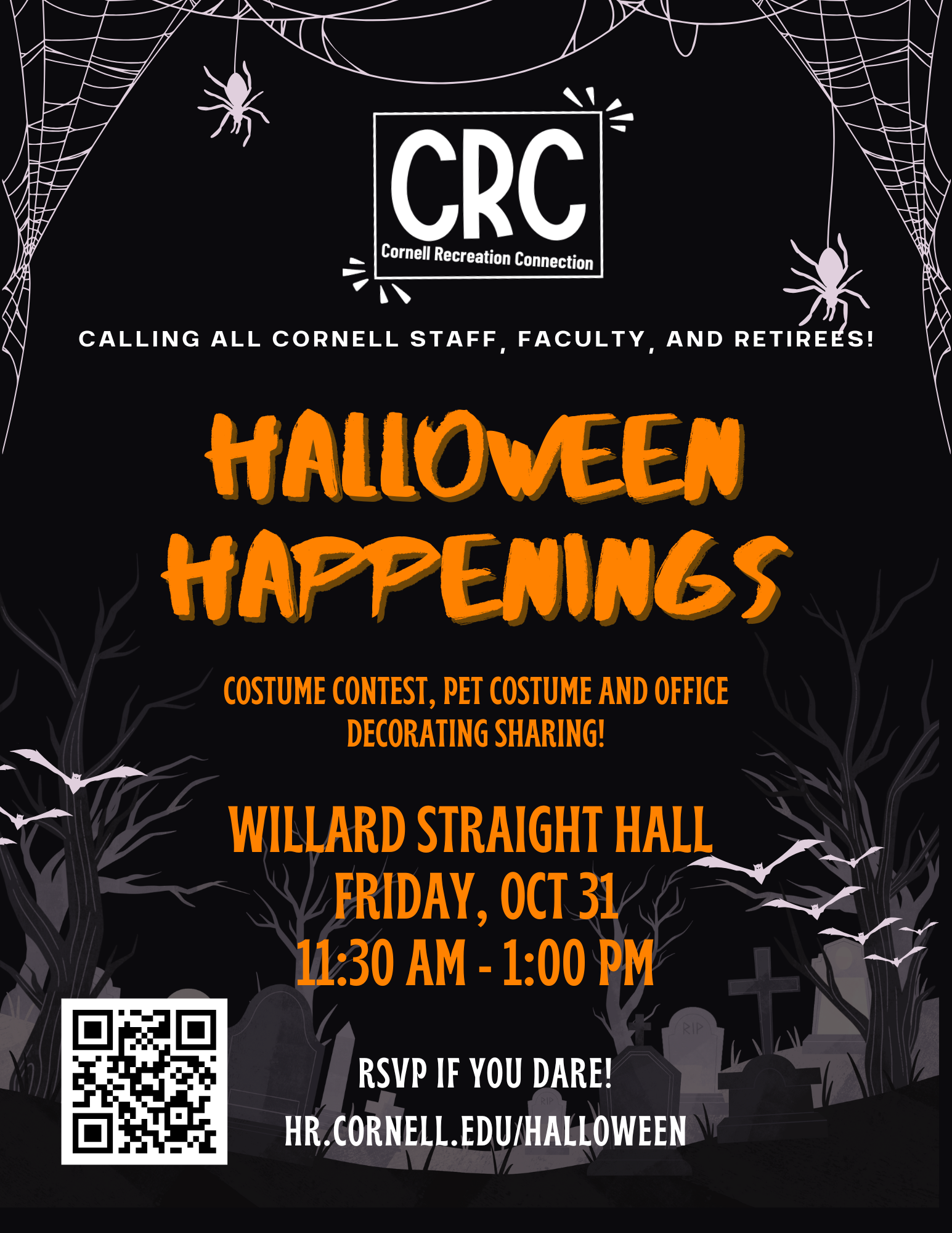 Halloween happenings 2025 flyer with webs and orange text