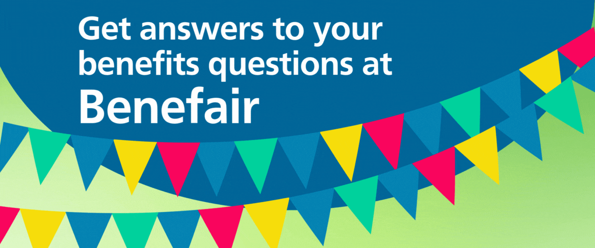 Get answers to your benefits questions at Benefair (bright graphics festive flags)