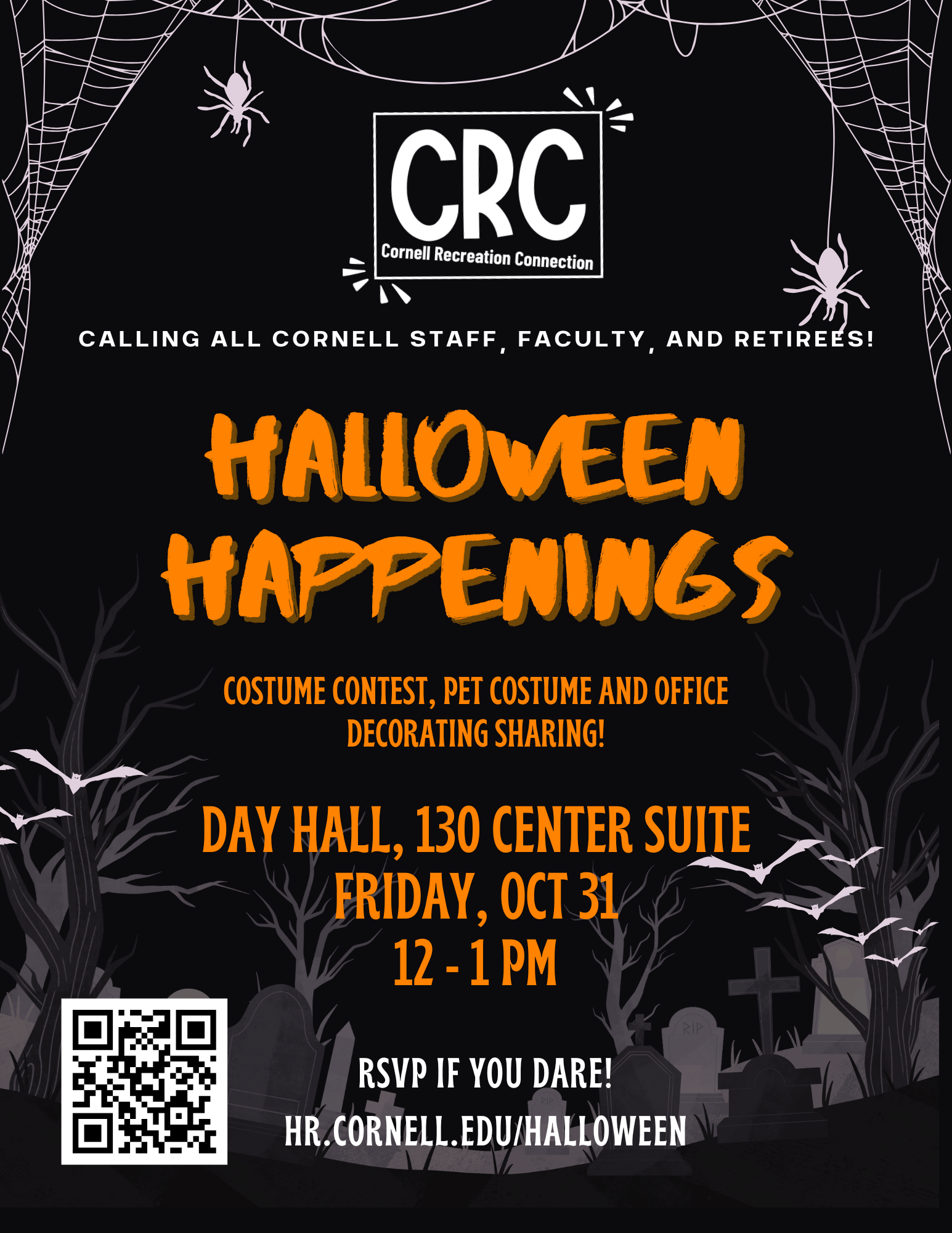 Halloween happenings 2025 flyer with webs and orange text - updated location 