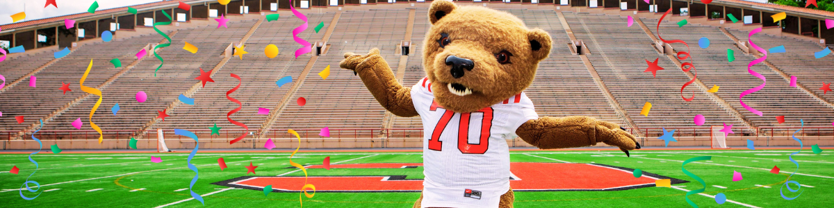 touchdown bear at stadium with confetti graphics