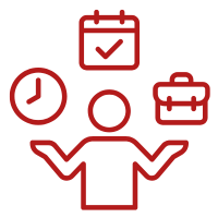 simplistic icon of human figure juggling clock, calendar, briefcase