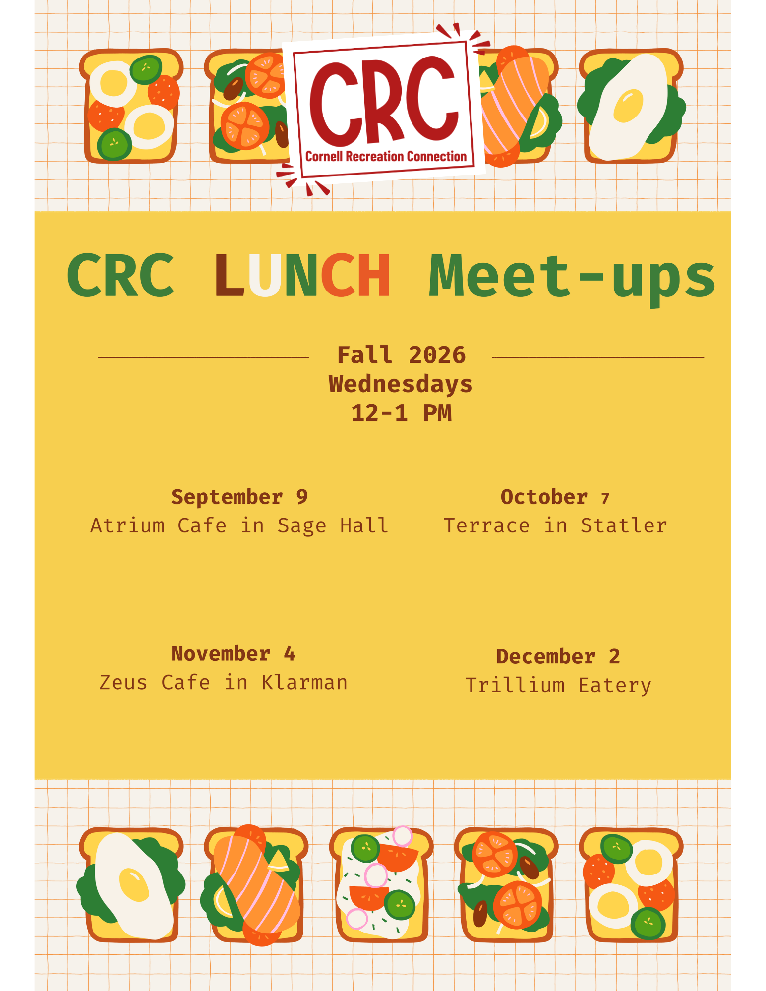 CRC Lunch meetups flyer, cute sandwich graphics. Text on webpage.