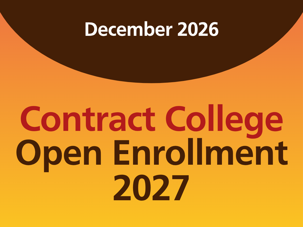 December 2026, Contract College Open Enrollment 2027. Orange and brown graphics.