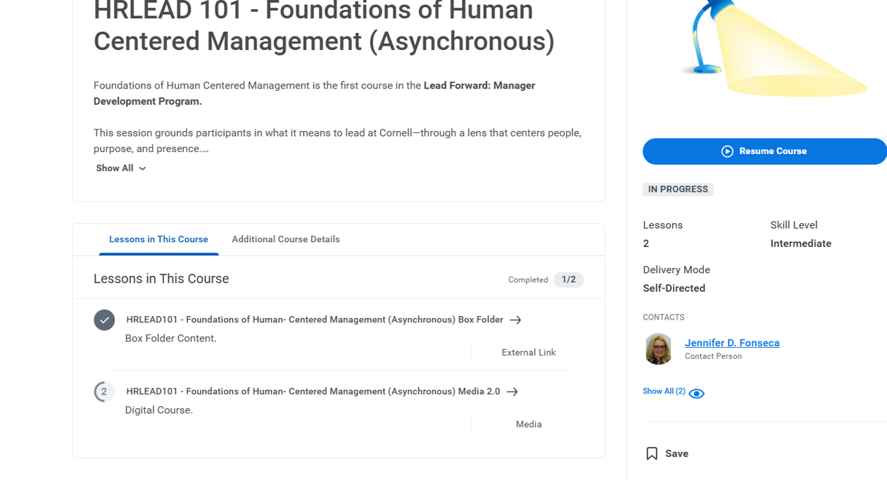 screenshot of HRLEAD 101 in Workday Learning with the asynchronous content circled in red