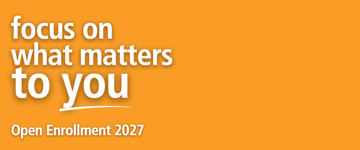 "Focus on what matters to you. 2027 Open Enrollment" animation focuses in on Black woman taking photo in beautiful fall colors