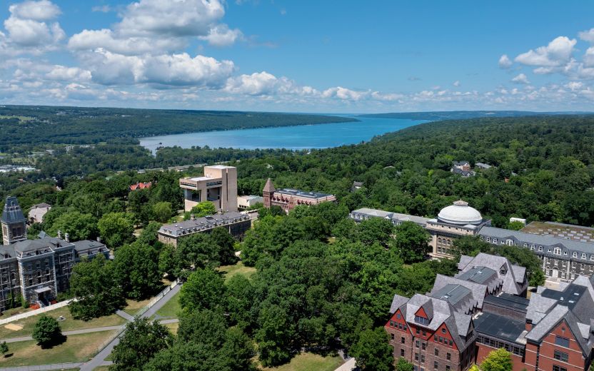 Cornell campus aerial on sunny summer day