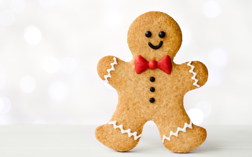 cute gingerbread man cookie, bright sparkly background