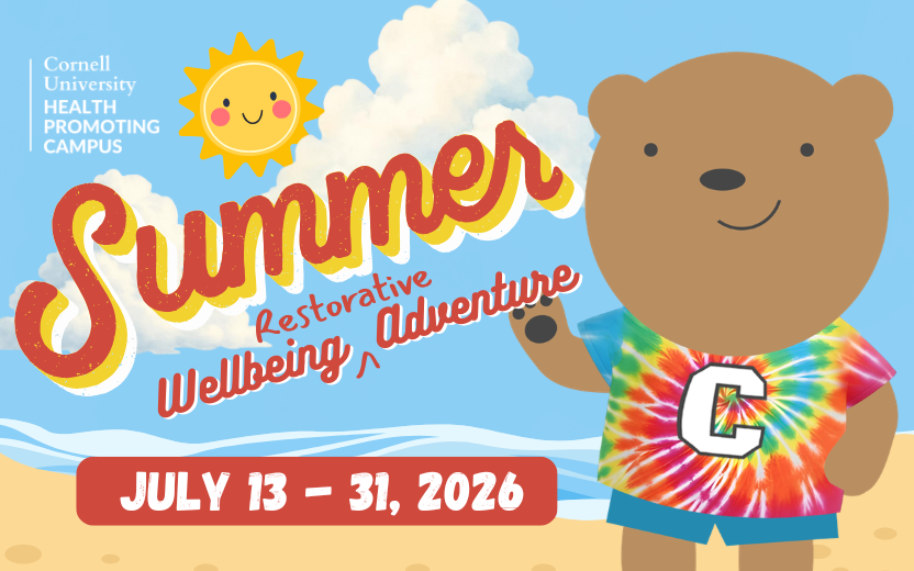 Cornell University Health Promoting Campus Summer Wellbeing "Restorative" Adventure, July 13 - 31, 2026. Cute bear cartoon wearing a tie-dye Cornell t-shirt at the beach.