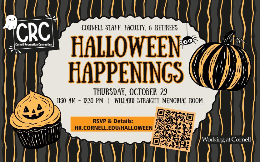 Halloween Happenings graphic with spooky pumpkin and cupcake