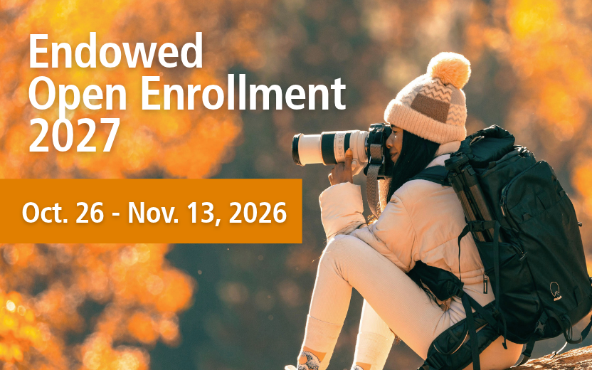 Endowed Open Enrollment 2027; Oct 26 - Nov 13; young woman photographer aiming camera in golden fall colors