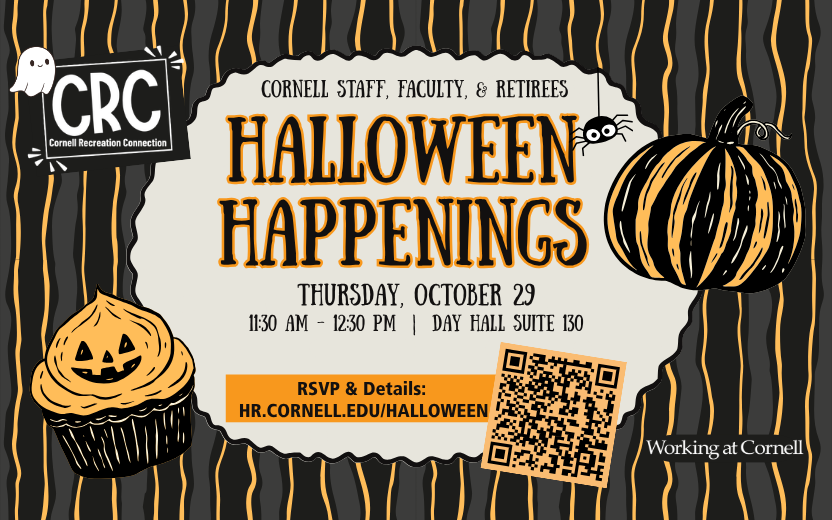 cute halloween graphic with black and orange stripes, cupcake and jackolantern. Halloween Happenings, presented by Cornell Recreation Connection