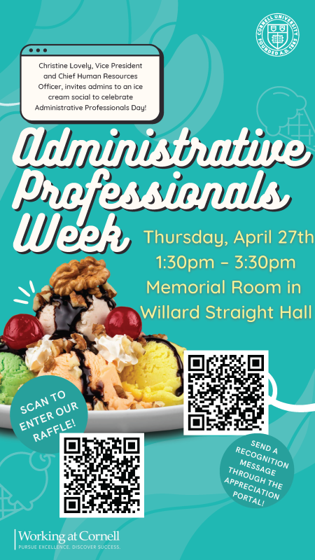 Administrative Professionals Day flyer with details about ice cream social; content in webpage