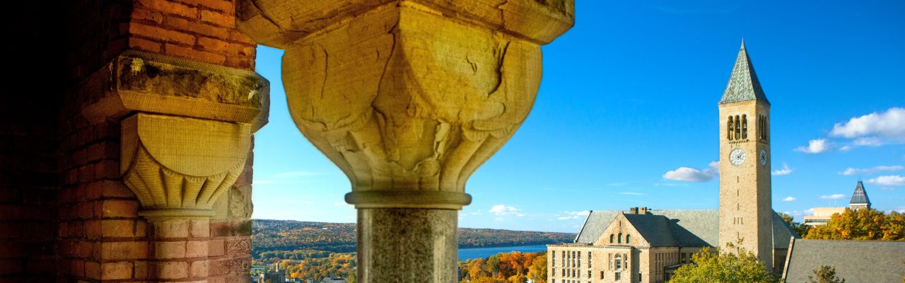 scenic view of Cornell Campus through classic old archway