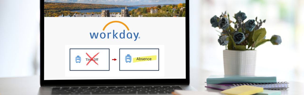 laptop with Workday banner & logo; icon with "Time Off" is x'd out; icon with "Absence" is highlighted.